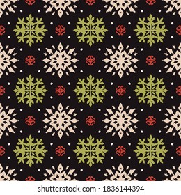 Christmas drawing with snowflakes. The Nordic style. Folk print with flakes. Scandinavian, Portuguese ornament. Spanish porcelain. Oriental damask. Ethnic motif. Ikat geometric folklore background. 