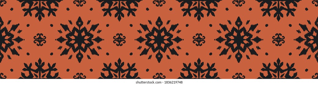 Christmas drawing with snowflakes. The Nordic style. Folk print with flakes. Scandinavian, Portuguese ornament. Spanish porcelain. Oriental damask. Ethnic motif. Ikat geometric folklore background. 