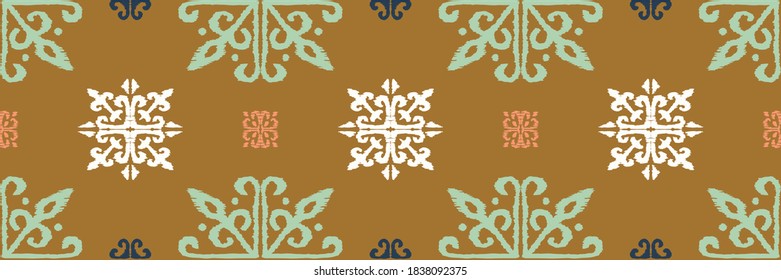 Christmas drawing with snowflakes. The Nordic style. Folk print with flakes. Scandinavian, Portuguese ornament. Spanish porcelain. Oriental damask. Ethnic motif. Ikat geometric folklore background. 