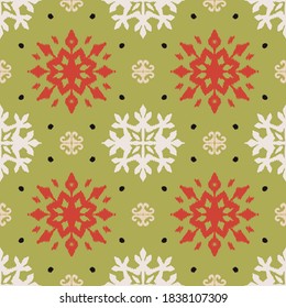Christmas drawing with snowflakes. The Nordic style. Folk print with flakes. Scandinavian, Portuguese ornament. Spanish porcelain. Oriental damask. Ethnic motif. Ikat geometric folklore background. 