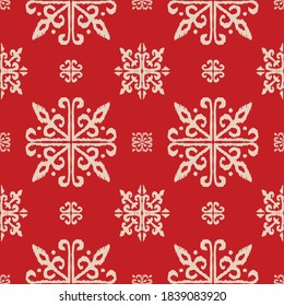 Christmas drawing with snowflakes. The Nordic style. Folk print with flakes. Scandinavian, Portuguese ornament. Spanish porcelain. Oriental damask. Ethnic motif. Ikat geometric folklore background. 