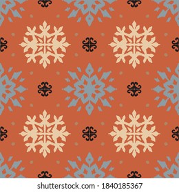 Christmas drawing with snowflakes. The Nordic style. Folk print with flakes. Scandinavian, Portuguese ornament. Spanish porcelain. Oriental damask. Ethnic motif. Ikat geometric folklore background. 