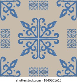 Christmas drawing with snowflakes. The Nordic style. Folk print with flakes. Scandinavian, Portuguese ornament. Spanish porcelain. Oriental damask. Ethnic motif. Ikat geometric folklore background. 