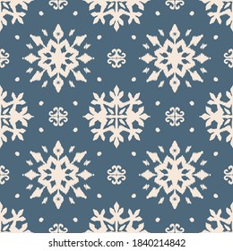 Christmas drawing with snowflakes. The Nordic style. Folk print with flakes. Scandinavian, Portuguese ornament. Spanish porcelain. Oriental damask. Ethnic motif. Ikat geometric folklore background. 