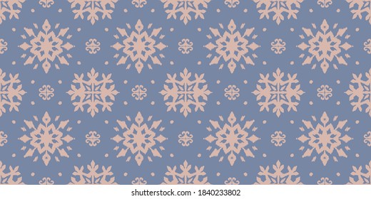 Christmas drawing with snowflakes. The Nordic style. Folk print with flakes. Scandinavian, Portuguese ornament. Spanish porcelain. Oriental damask. Ethnic motif. Ikat geometric folklore background. 