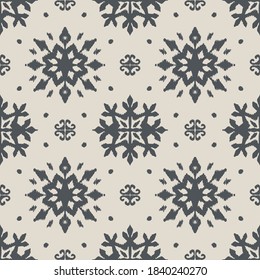 Christmas drawing with snowflakes. The Nordic style. Folk print with flakes. Scandinavian, Portuguese ornament. Spanish porcelain. Oriental damask. Ethnic motif. Ikat geometric folklore background. 