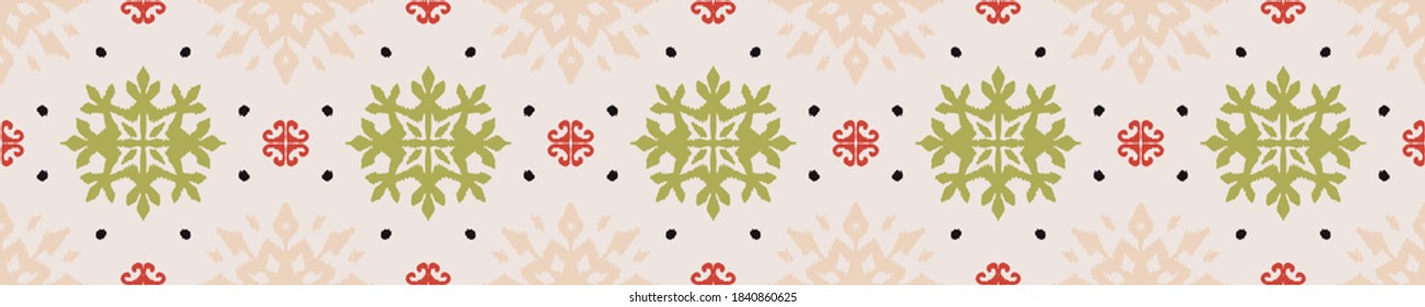 Christmas drawing with snowflakes. The Nordic style. Folk print with flakes. Scandinavian, Portuguese ornament. Spanish porcelain. Oriental damask. Ethnic motif. Ikat geometric folklore background. 