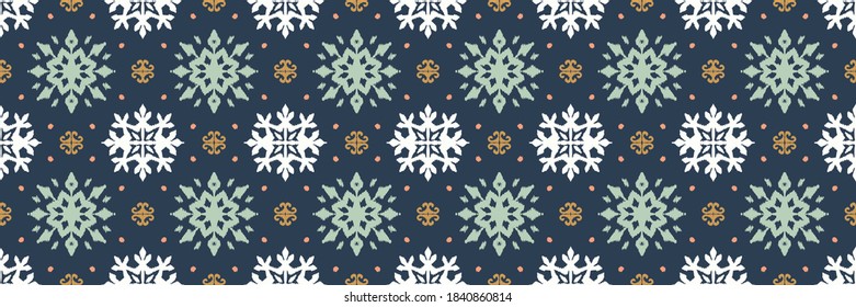 Christmas drawing with snowflakes. The Nordic style. Folk print with flakes. Scandinavian, Portuguese ornament. Spanish porcelain. Oriental damask. Ethnic motif. Ikat geometric folklore background. 