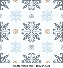Christmas drawing with snowflakes. The Nordic style. Folk print with flakes. Scandinavian, Portuguese ornament. Spanish porcelain. Oriental damask. Ethnic motif. Ikat geometric folklore background. 