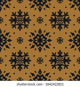Christmas drawing with snowflakes. The Nordic style. Folk print with flakes. Scandinavian, Portuguese ornament. Spanish porcelain. Oriental damask. Ethnic motif. Ikat geometric folklore background. 