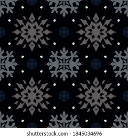 Christmas drawing with snowflakes. The Nordic style. Folk print with flakes. Scandinavian, Portuguese ornament. Spanish porcelain. Oriental damask. Ethnic motif. Ikat geometric folklore background. 