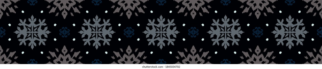 Christmas drawing with snowflakes. The Nordic style. Folk print with flakes. Scandinavian, Portuguese ornament. Spanish porcelain. Oriental damask. Ethnic motif. Ikat geometric folklore background. 