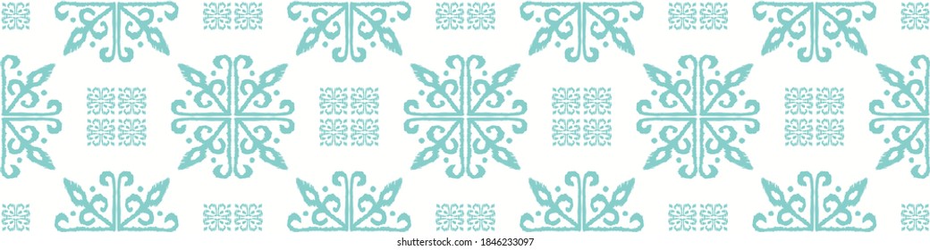 Christmas drawing with snowflakes. The Nordic style. Folk print with flakes. Scandinavian, Portuguese ornament. Spanish porcelain. Oriental damask. Ethnic motif. Ikat geometric folklore background. 