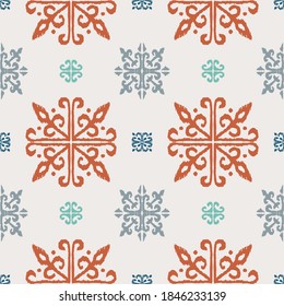 Christmas drawing with snowflakes. The Nordic style. Folk print with flakes. Scandinavian, Portuguese ornament. Spanish porcelain. Oriental damask. Ethnic motif. Ikat geometric folklore background. 