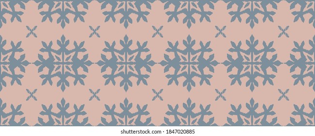 Christmas drawing with snowflakes. The Nordic style. Folk print with flakes. Scandinavian, Portuguese ornament. Spanish porcelain. Oriental damask. Ethnic motif. Ikat geometric folklore background. 