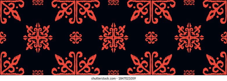 Christmas drawing with snowflakes. The Nordic style. Folk print with flakes. Scandinavian, Portuguese ornament. Spanish porcelain. Oriental damask. Ethnic motif. Ikat geometric folklore background. 