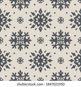 Christmas drawing with snowflakes. The Nordic style. Folk print with flakes. Scandinavian, Portuguese ornament. Spanish porcelain. Oriental damask. Ethnic motif. Ikat geometric folklore background. 