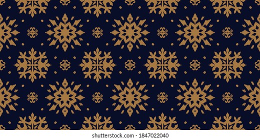 Christmas drawing with snowflakes. The Nordic style. Folk print with flakes. Scandinavian, Portuguese ornament. Spanish porcelain. Oriental damask. Ethnic motif. Ikat geometric folklore background. 