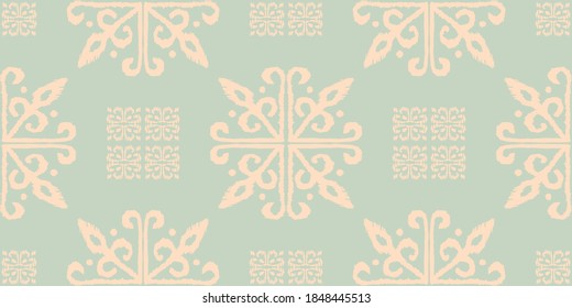 Christmas drawing with snowflakes. The Nordic style. Folk print with flakes. Scandinavian, Portuguese ornament. Spanish porcelain. Oriental damask. Ethnic motif. Ikat geometric folklore background. 