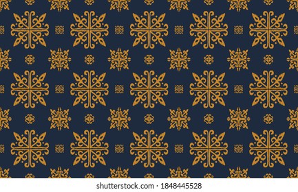 Christmas drawing with snowflakes. The Nordic style. Folk print with flakes. Scandinavian, Portuguese ornament. Spanish porcelain. Oriental damask. Ethnic motif. Ikat geometric folklore background. 