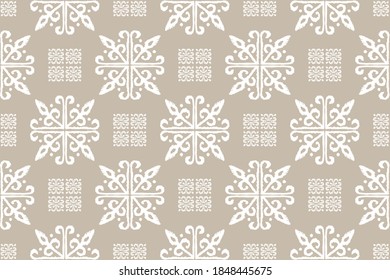 Christmas drawing with snowflakes. The Nordic style. Folk print with flakes. Scandinavian, Portuguese ornament. Spanish porcelain. Oriental damask. Ethnic motif. Ikat geometric folklore background. 