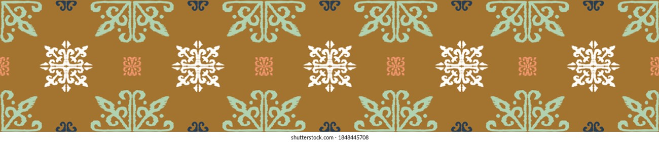 Christmas drawing with snowflakes. The Nordic style. Folk print with flakes. Scandinavian, Portuguese ornament. Spanish porcelain. Oriental damask. Ethnic motif. Ikat geometric folklore background. 