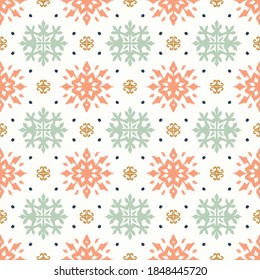Christmas drawing with snowflakes. The Nordic style. Folk print with flakes. Scandinavian, Portuguese ornament. Spanish porcelain. Oriental damask. Ethnic motif. Ikat geometric folklore background. 