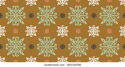 Christmas drawing with snowflakes. The Nordic style. Folk print with flakes. Scandinavian, Portuguese ornament. Spanish porcelain. Oriental damask. Ethnic motif. Ikat geometric folklore background. 