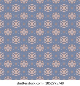 Christmas drawing with snowflakes. The Nordic style. Folk print with flakes. Scandinavian, Portuguese ornament. Spanish porcelain. Oriental damask. Ethnic motif. Ikat geometric folklore background. 