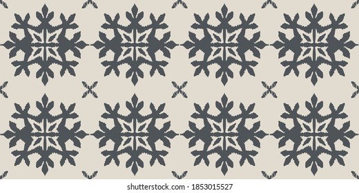 Christmas drawing with snowflakes. The Nordic style. Folk print with flakes. Scandinavian, Portuguese ornament. Spanish porcelain. Oriental damask. Ethnic motif. Ikat geometric folklore background. 