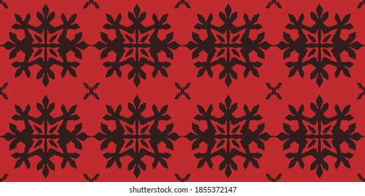 Christmas drawing with snowflakes. The Nordic style. Folk print with flakes. Scandinavian, Portuguese ornament. Spanish porcelain. Oriental damask. Ethnic motif. Ikat geometric folklore background. 