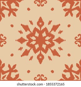 Christmas drawing with snowflakes. The Nordic style. Folk print with flakes. Scandinavian, Portuguese ornament. Spanish porcelain. Oriental damask. Ethnic motif. Ikat geometric folklore background. 