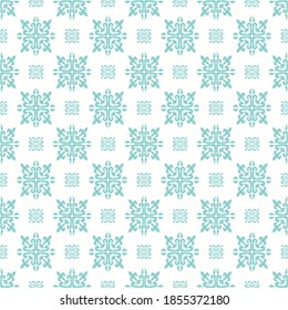 Christmas drawing with snowflakes. The Nordic style. Folk print with flakes. Scandinavian, Portuguese ornament. Spanish porcelain. Oriental damask. Ethnic motif. Ikat geometric folklore background. 