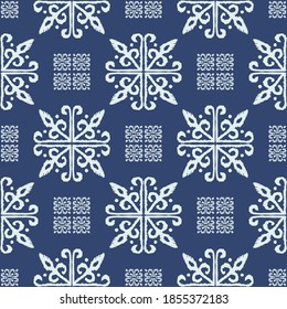 Christmas drawing with snowflakes. The Nordic style. Folk print with flakes. Scandinavian, Portuguese ornament. Spanish porcelain. Oriental damask. Ethnic motif. Ikat geometric folklore background. 