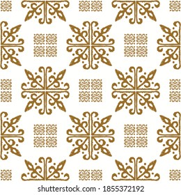 Christmas drawing with snowflakes. The Nordic style. Folk print with flakes. Scandinavian, Portuguese ornament. Spanish porcelain. Oriental damask. Ethnic motif. Ikat geometric folklore background. 