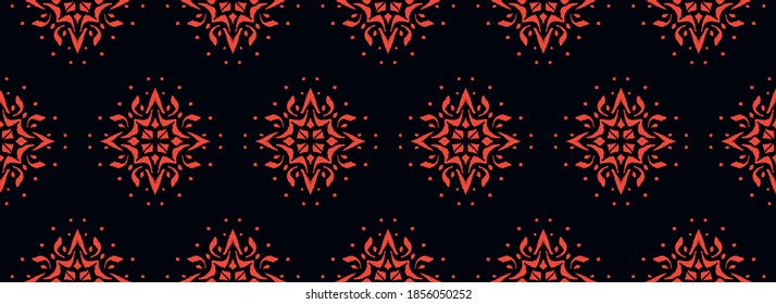 Christmas drawing with snowflakes. The Nordic style. Folk print with flakes. Scandinavian, Portuguese ornament. Spanish porcelain. Oriental damask. Ethnic motif. Ikat geometric folklore background. 