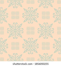 Christmas drawing with snowflakes. The Nordic style. Folk print with flakes. Scandinavian, Portuguese ornament. Spanish porcelain. Oriental damask. Ethnic motif. Ikat geometric folklore background. 