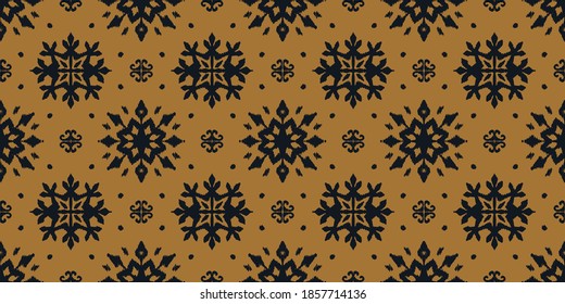 Christmas drawing with snowflakes. The Nordic style. Folk print with flakes. Scandinavian, Portuguese ornament. Spanish porcelain. Oriental damask. Ethnic motif. Ikat geometric folklore background. 