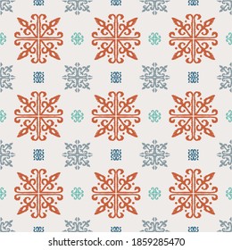 Christmas drawing with snowflakes. The Nordic style. Folk print with flakes. Scandinavian, Portuguese ornament. Spanish porcelain. Oriental damask. Ethnic motif. Ikat geometric folklore background. 
