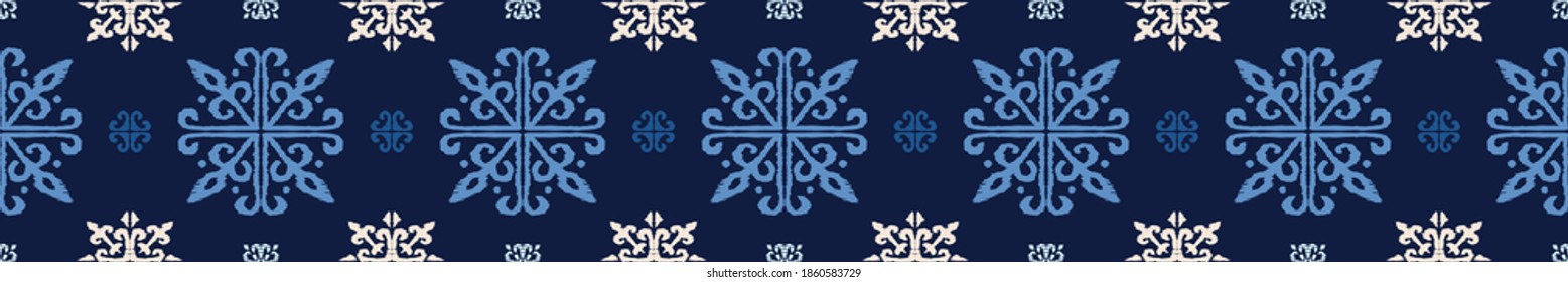 Christmas drawing with snowflakes. The Nordic style. Folk print with flakes. Scandinavian, Portuguese ornament. Spanish porcelain. Oriental damask. Ethnic motif. Ikat geometric folklore background. 