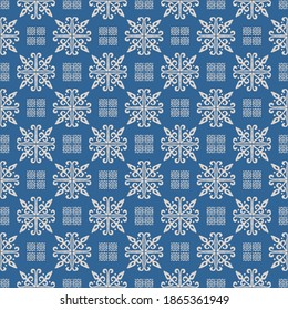 Christmas drawing with snowflakes. The Nordic style. Folk print with flakes. Scandinavian, Portuguese ornament. Spanish porcelain. Oriental damask. Ethnic motif. Ikat geometric folklore background. 