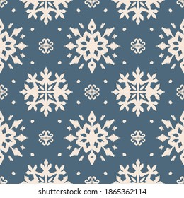 Christmas drawing with snowflakes. The Nordic style. Folk print with flakes. Scandinavian, Portuguese ornament. Spanish porcelain. Oriental damask. Ethnic motif. Ikat geometric folklore background. 