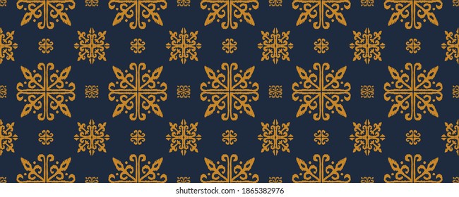 Christmas drawing with snowflakes. The Nordic style. Folk print with flakes. Scandinavian, Portuguese ornament. Spanish porcelain. Oriental damask. Ethnic motif. Ikat geometric folklore background. 