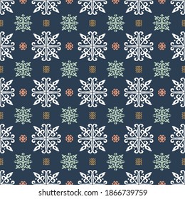 Christmas drawing with snowflakes. The Nordic style. Folk print with flakes. Scandinavian, Portuguese ornament. Spanish porcelain. Oriental damask. Ethnic motif. Ikat geometric folklore background. 