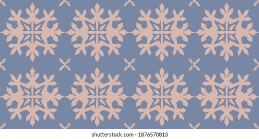 Christmas drawing with snowflakes. The Nordic style. Folk print with flakes. Scandinavian, Portuguese ornament. Spanish porcelain. Oriental damask. Ethnic motif. Ikat geometric folklore background. 