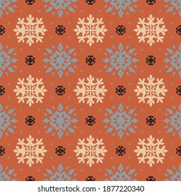 Christmas drawing with snowflakes. The Nordic style. Folk print with flakes. Scandinavian, Portuguese ornament. Spanish porcelain. Oriental damask. Ethnic motif. Ikat geometric folklore background. 