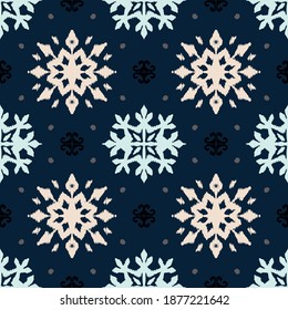 Christmas drawing with snowflakes. The Nordic style. Folk print with flakes. Scandinavian, Portuguese ornament. Spanish porcelain. Oriental damask. Ethnic motif. Ikat geometric folklore background. 