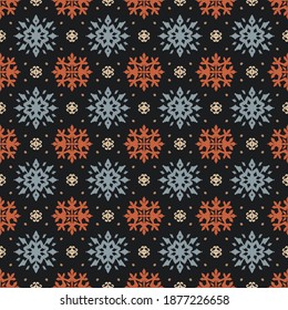 Christmas drawing with snowflakes. The Nordic style. Folk print with flakes. Scandinavian, Portuguese ornament. Spanish porcelain. Oriental damask. Ethnic motif. Ikat geometric folklore background. 