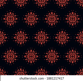 Christmas drawing with snowflakes. The Nordic style. Folk print with flakes. Scandinavian, Portuguese ornament. Spanish porcelain. Oriental damask. Ethnic motif. Ikat geometric folklore background. 