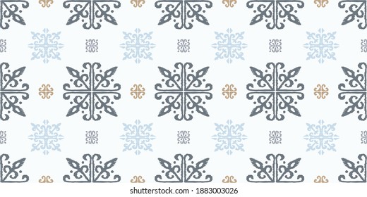 Christmas drawing with snowflakes. The Nordic style. Folk print with flakes. Scandinavian, Portuguese ornament. Spanish porcelain. Oriental damask. Ethnic motif. Ikat geometric folklore background. 